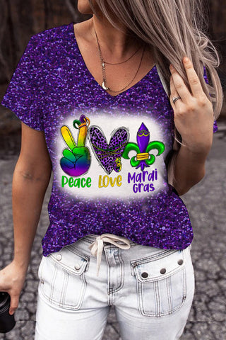 Peace Love Mardi Gras Leopard Glitter Print V Neck Short Sleeve T-shirt