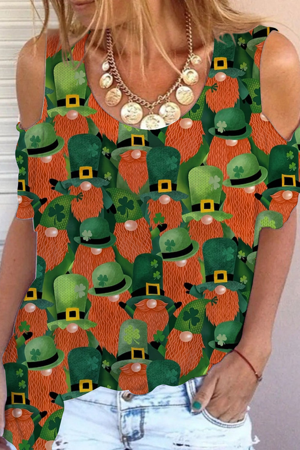 Vintage Gnome Leprechuans Shamrocks St. Patrick's Day Printed Cold Shoulder T-Shirt