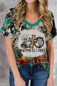 A Lot Can Happen In 3 Days Western Rhinestone Leopard  Easter Cross Printed V Neck Short Sleeve T-shirt