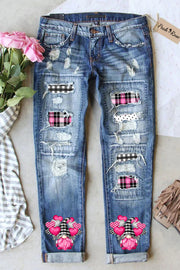 Gnomes Love Heart-Shaped Balloons Plaid Polka Print Denim Jeans