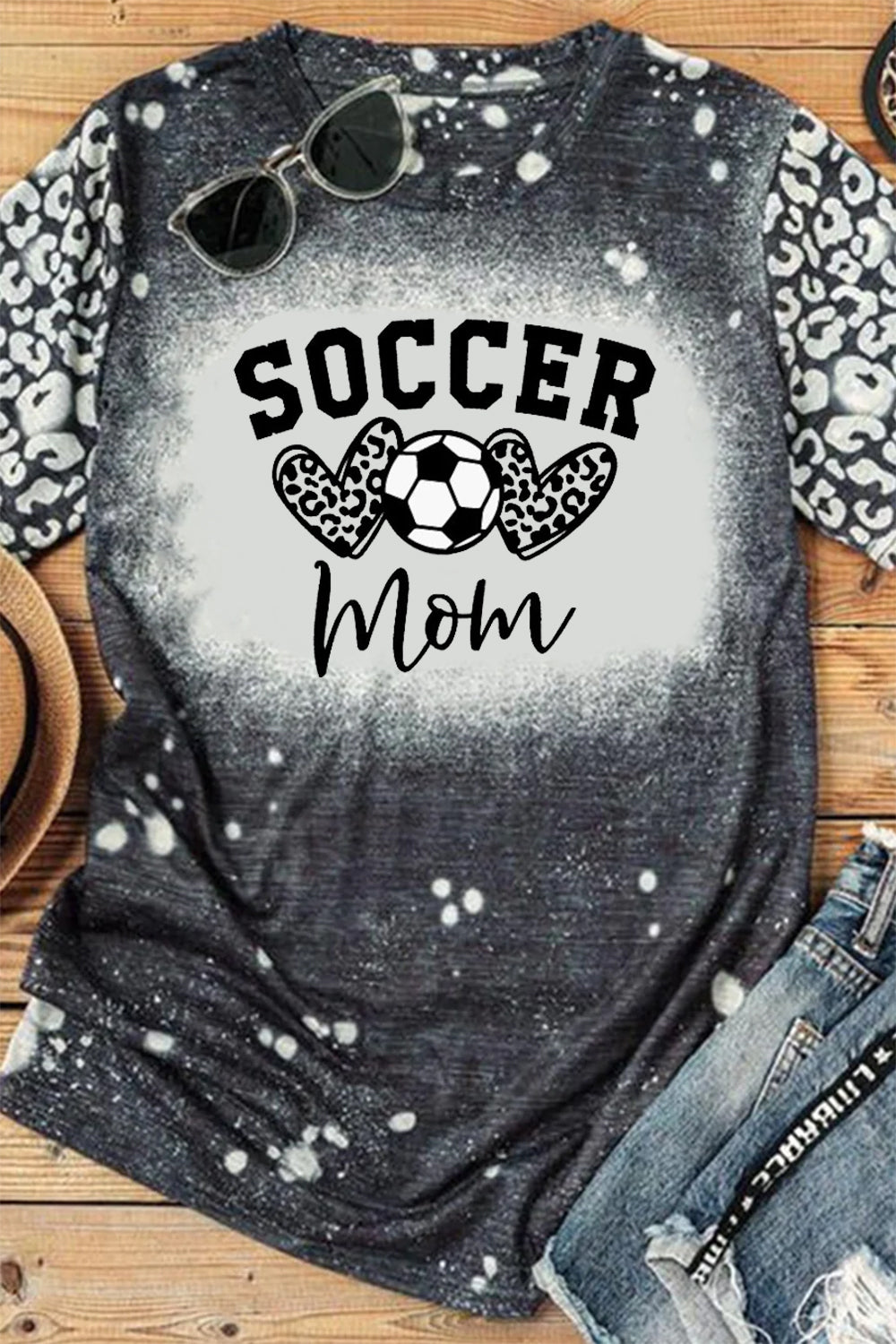 Soccer Mom Leopard Heart Print Bleached T-Shirt