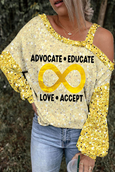 Advocate Educate Love Accept Gold Infinity Symbol Print Off-Shoulder Blouse