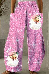 Pink Christmas Santa Print Loose Pocket Pants