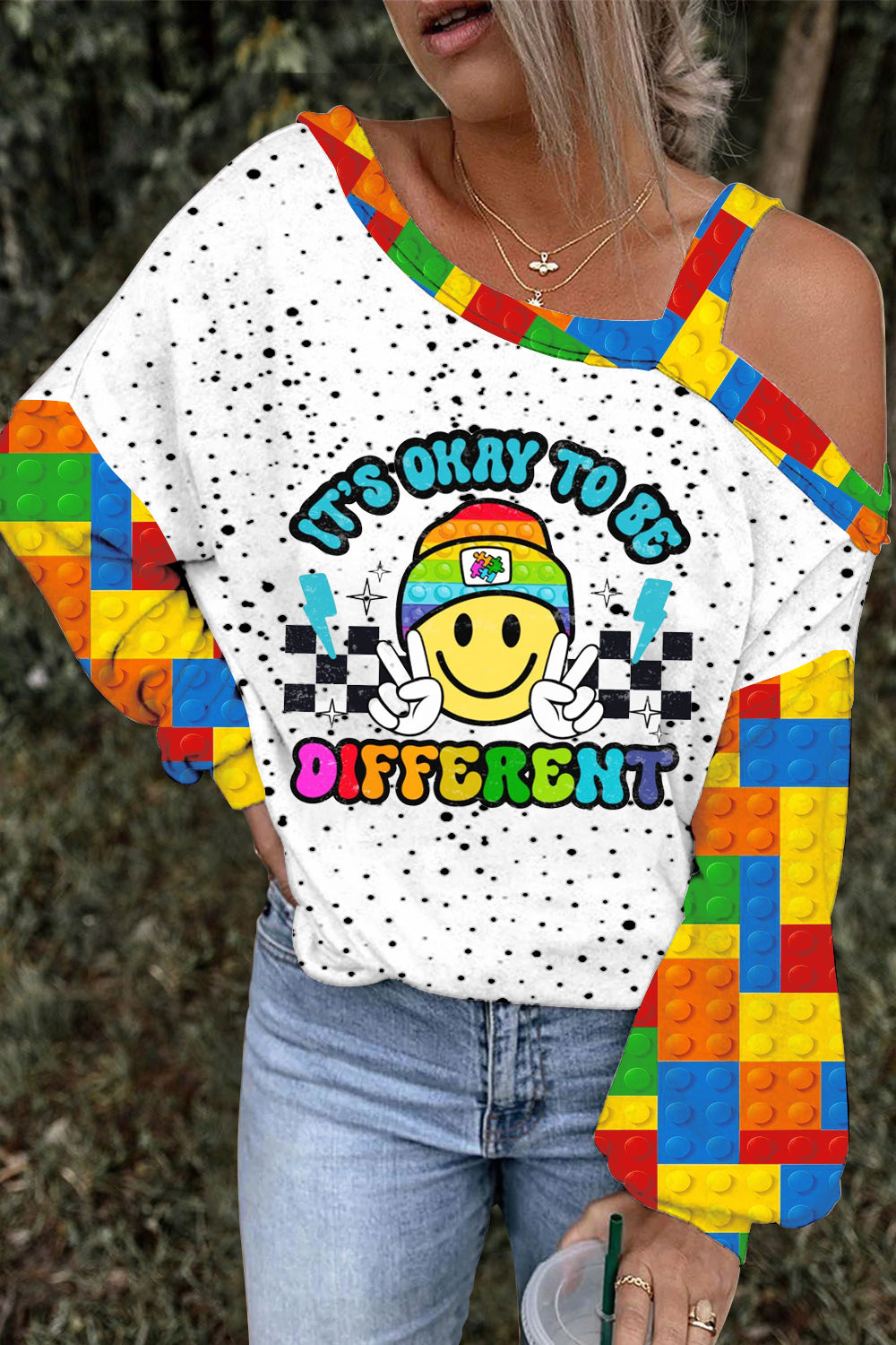 It's Okay To Be Different Autism Printed Off-Shoulder Blouse