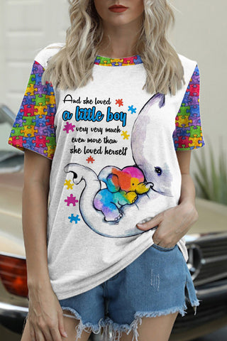 Autism Awareness Acceptance Love MAMA Elephant Printed Round Neck T-shirt