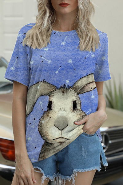 Cute Easter Bunny With Glasses In Easter Eggs Forest Printed Round Neck T-shirt