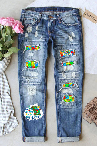It's Okay To Be Different Elephant Autism Awareness Print Ripped Denim Jeans