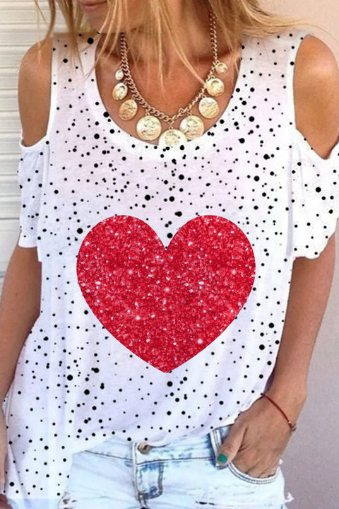 Red Heart Print Cold Shoulder T-Shirt