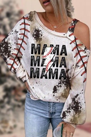 Casual Baseball T-Ball Mama Lightning Bolt Printed Off-Shoulder Blouse