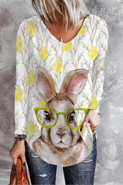 Cute Easter Bunny With Glasses In Easter Eggs Forest Printed Casual V Neck Long Sleeve T-Shirt