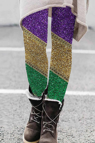 Retro Mardi Gras Carnival Purple Green And Gold Color Block Glitz Print Leggings