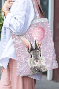 Glitter Cute Easter Bunny Holding A Pink Balloon Printed Tote Bag