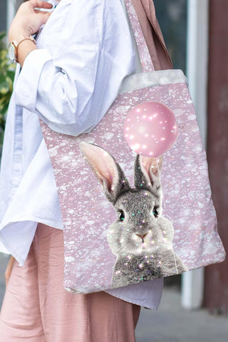 Glitter Cute Easter Bunny Holding A Pink Balloon Printed Tote Bag