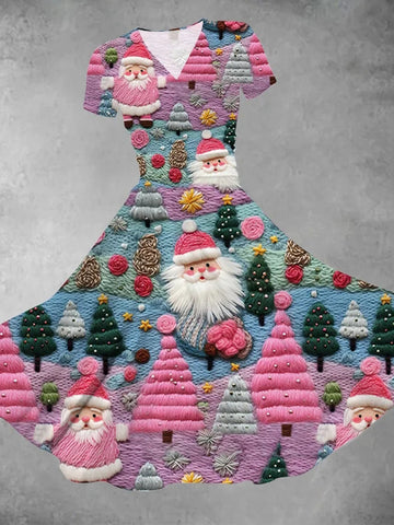 Women's Pink Santa Claus Print Casual Swing Dress