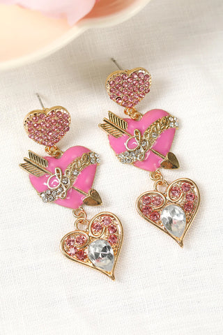 Alloy Oil Drop Diamond Heart Earrings Pink