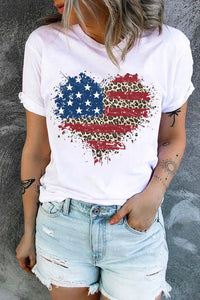 American Flag Heart Leopard Round Neck Shift Casual T-Shirt