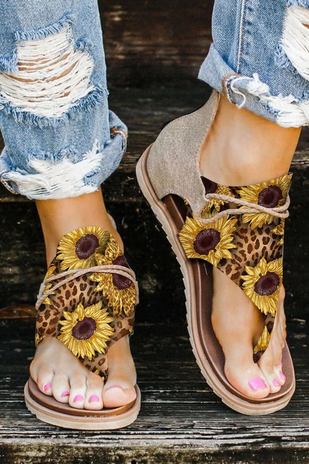 Leopard Sunflower Gladiator Flat Vintage Flip Flops Sandals