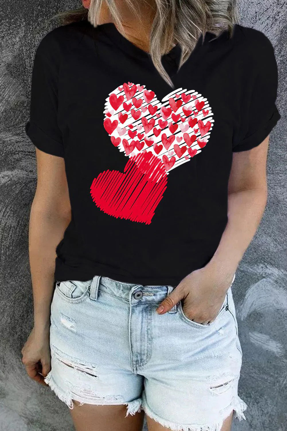 Black Heart-shape Print Casual T-Shirt