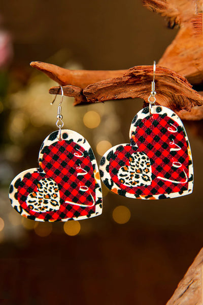 Buffalo Plaid Leopard Print Heart Shape Earrings