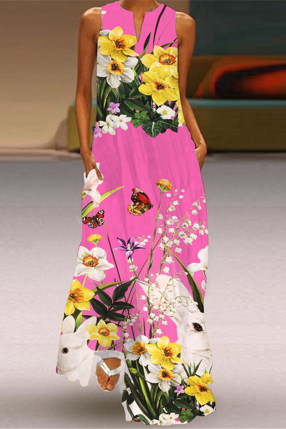 Favorite Sunset Gold Daffodil Flowers Pink Sleeveless Maxi Dress