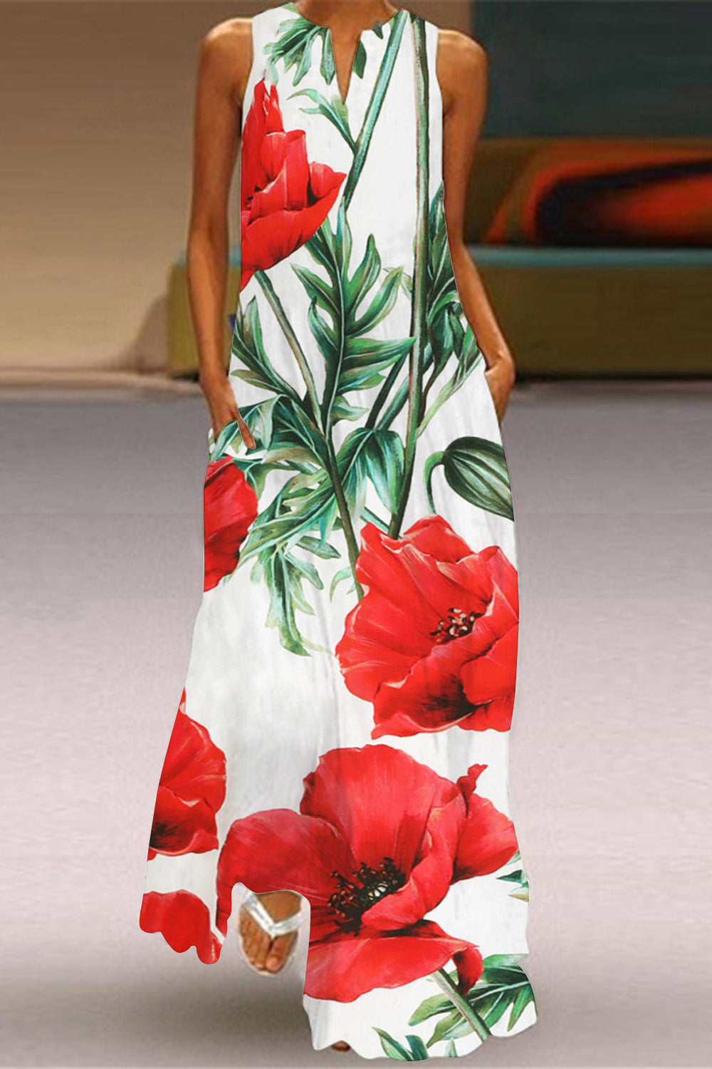 Women's Red Roman Red Poppy Print Sleeveless Maxi Dress