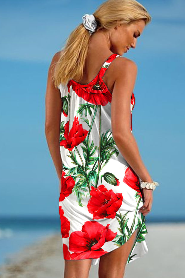 Women's Red Roman Red Poppy Print Sleeveless Dress