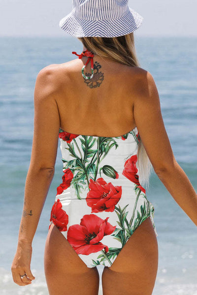 Women's Red Roman Red Poppy Print Halter Swimsuit