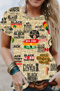 Black Pride Black History Month Pattern Round Neck T-shirt Short Sleeve Top