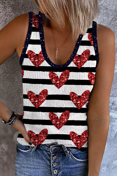 Sequin Red Love Pattern Black and White Stripes Tank Top