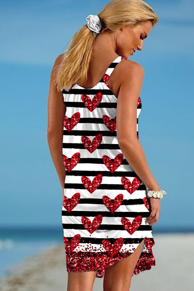 Sequin Red Love Pattern Black and White Stripes Sleeveless Dress