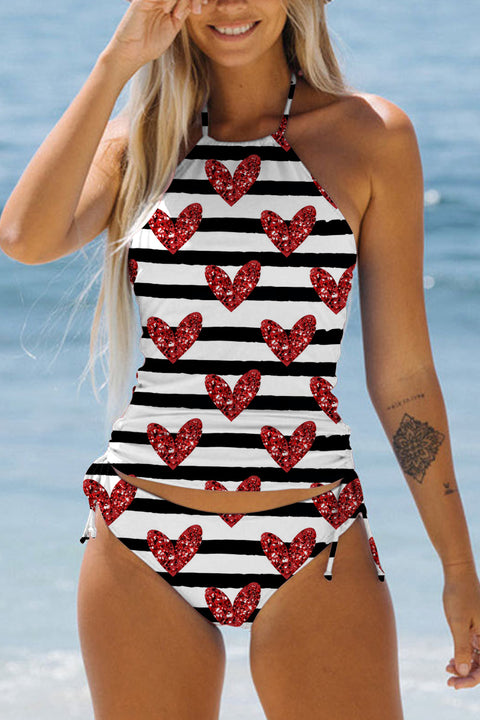 Sequin Red Love Pattern Black and White Stripes Halter Swimsuit