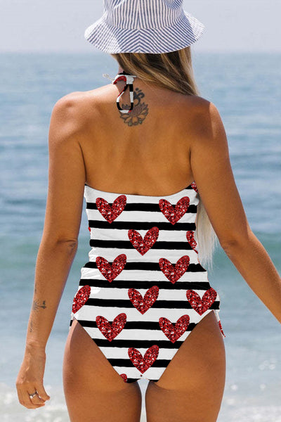 Sequin Red Love Pattern Black and White Stripes Halter Swimsuit