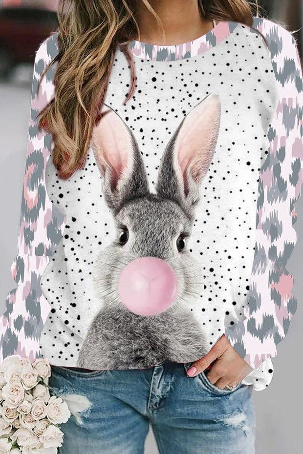 Blowing Bubbles Gray Bunny Pink Leopard Print Sweatshirt