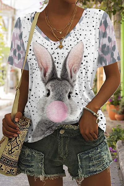 Blowing Bubbles Gray Bunny Pink Leopard Print V Neck T-shirt