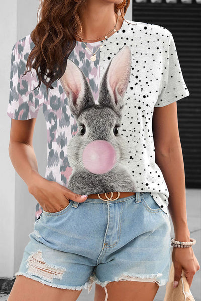 Blowing Bubbles Gray Bunny Pink Leopard Print Round Neck T-shirt