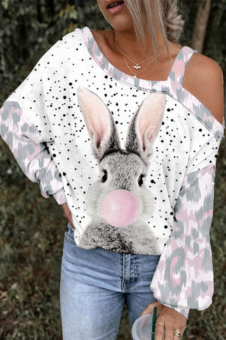 Blowing Bubbles Gray Bunny Pink Leopard Print Off-Shoulder Blouse