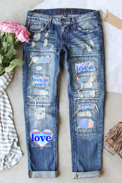 Blue Laser Love Letters Printed Ripped Denim Jeans