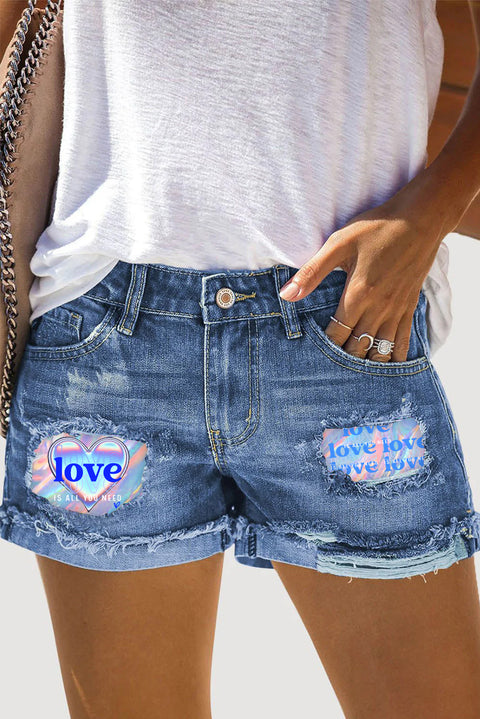 Blue Laser Love Letters Printed Denim Shorts