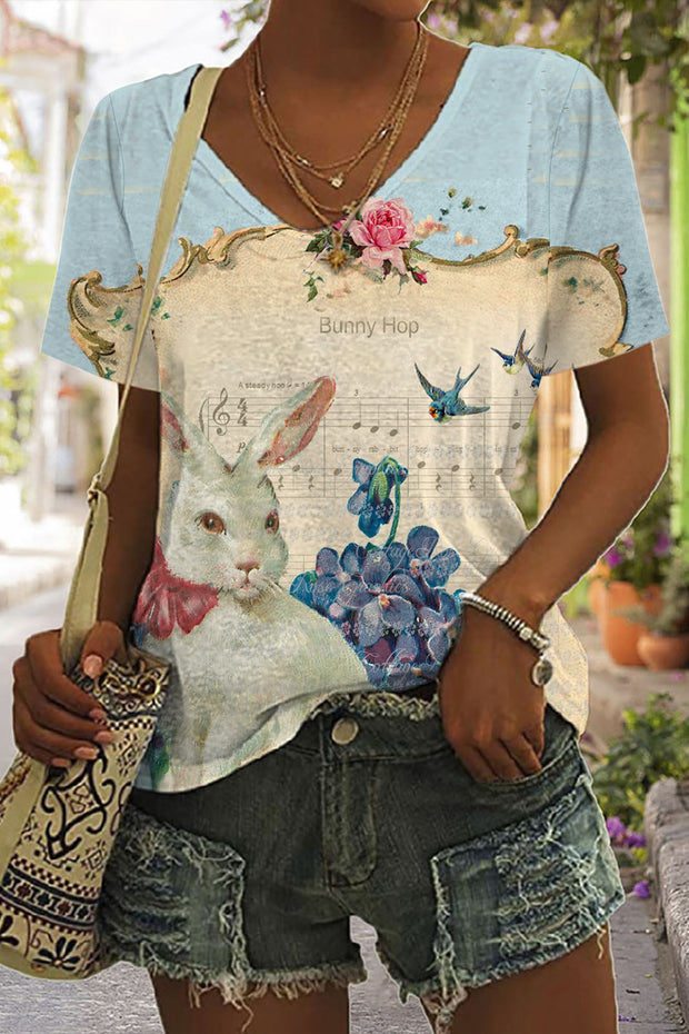 Bunny Hop The White Rabbit Sonata In The Piano Score Garden V Neck T-shirt