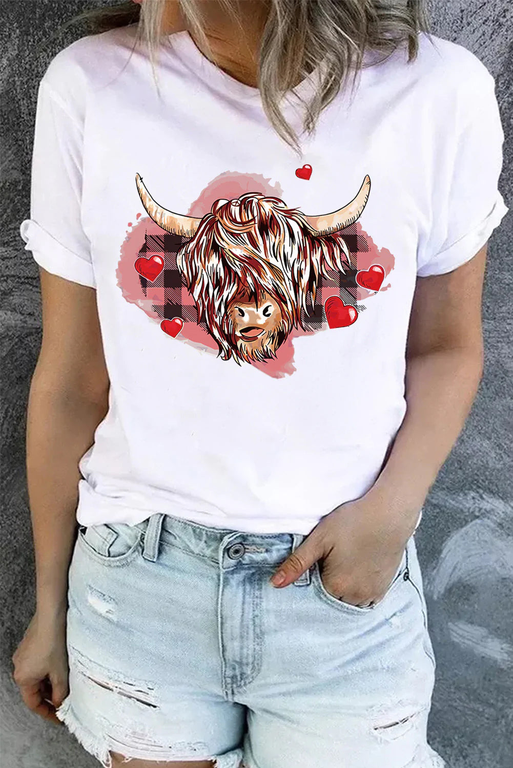Cow Heart-Shaped Western Print Round Neck Casual T-Shirt