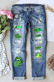 Clover Sequin Lips Clover Tongue Print Denim Jeans