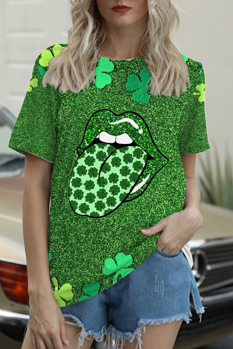 Clover Sequin Lips Clover Tongue Print Round Neck Short Sleeve T-shirt