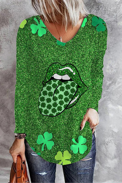 Clover Sequin Lips Clover Tongue Print V Neck Long Sleeve T-Shirt