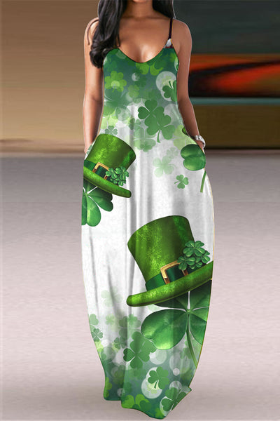 Clover Print Four-Leaf Clover Hat Ink Print Slip Dress Party Banquet Event Cami Maxi Dress