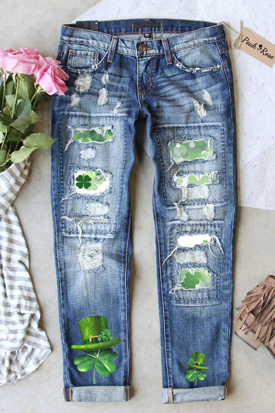 Clover Print Four-Leaf Clover Hat Ink Print Jeans