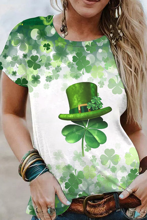 Clover Print Four-Leaf Clover Hat Ink Print Short-Sleeved T-Shirt