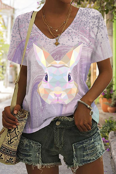 Color Block Rabbit Head Gradient Glitter Printed V Neck T-shirt