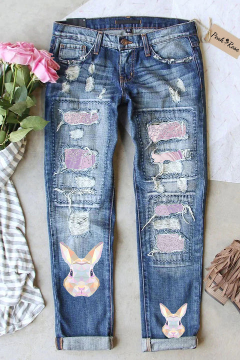 Color Block Rabbit Head Gradient Glitter Denim Jeans