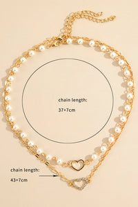 Double Layer Pearl Full Diamond Hollow Heart Pendant Necklace