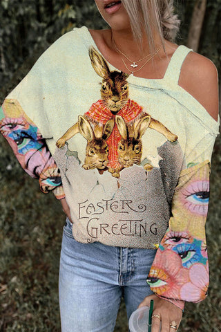 Easter Greeting The Three Rabbits Living In The Egg House Off-Shoulder Blouse